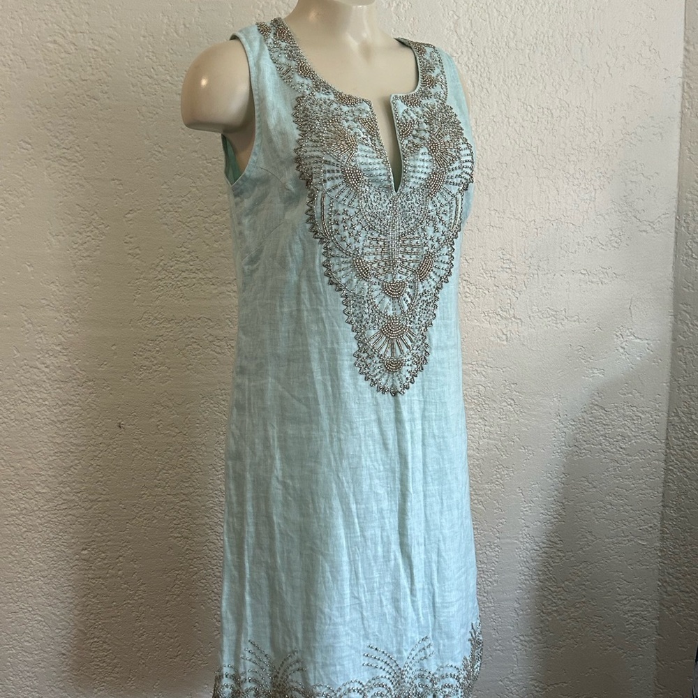 Bella Tu Jeanne D’ Gopi Vaid Linen Beaded Dress 6 Mint Blue Sleeveless India - Picture 4 of 14